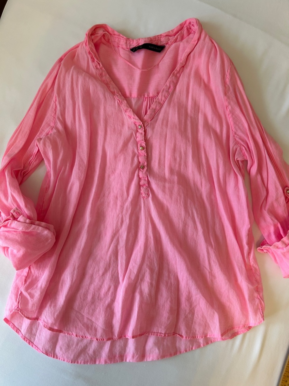 Zara Pink V-Neck Button-Front Tunic Blouse Adjustable button sleeves XL